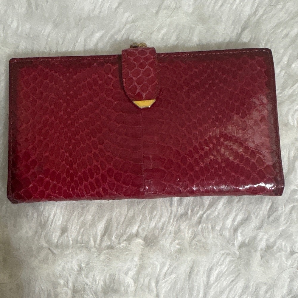 Bosca Red Whipsnake Leather Continental Clutch Wallet Vintage Gold Hardware
